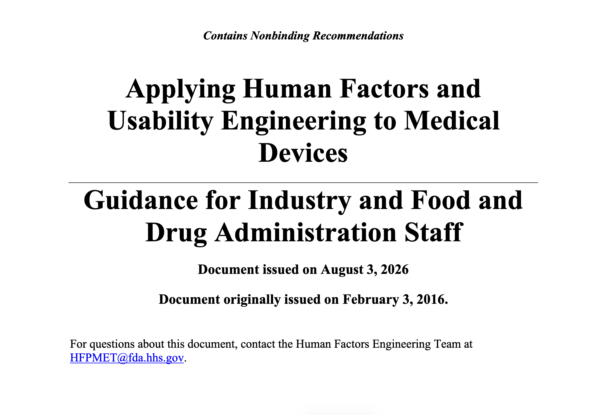 New FDA guidance Human Factors Medical Devices